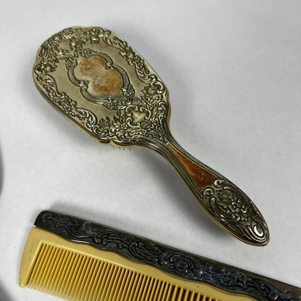 Towle Vanity Set Women OS Silver Gold Good Ornate Mirror Brush Comb 3pc Vintage